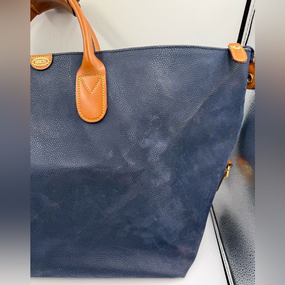 Bric’s Italy Leather Trim Blue Canvas Duffel Bag Weekender Travel Carry On - Picture 4 of 16